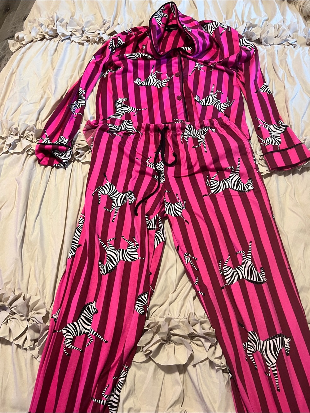 Zebra-Print Striped Pajama Set in Bright Pink